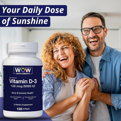 Vitamin D3 5000 IU (125mcg) Softgels – Bone & Immune Support - 120 Count | WOW Supplements