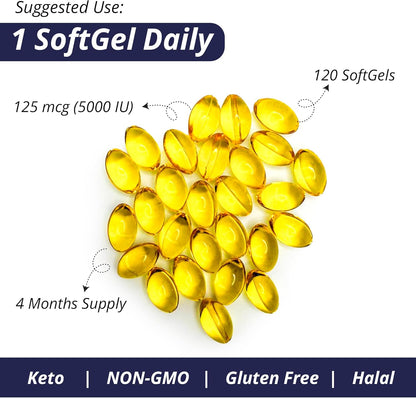 Vitamin D3 5000 IU (125mcg) Softgels – Bone & Immune Support - 120 Count | WOW Supplements