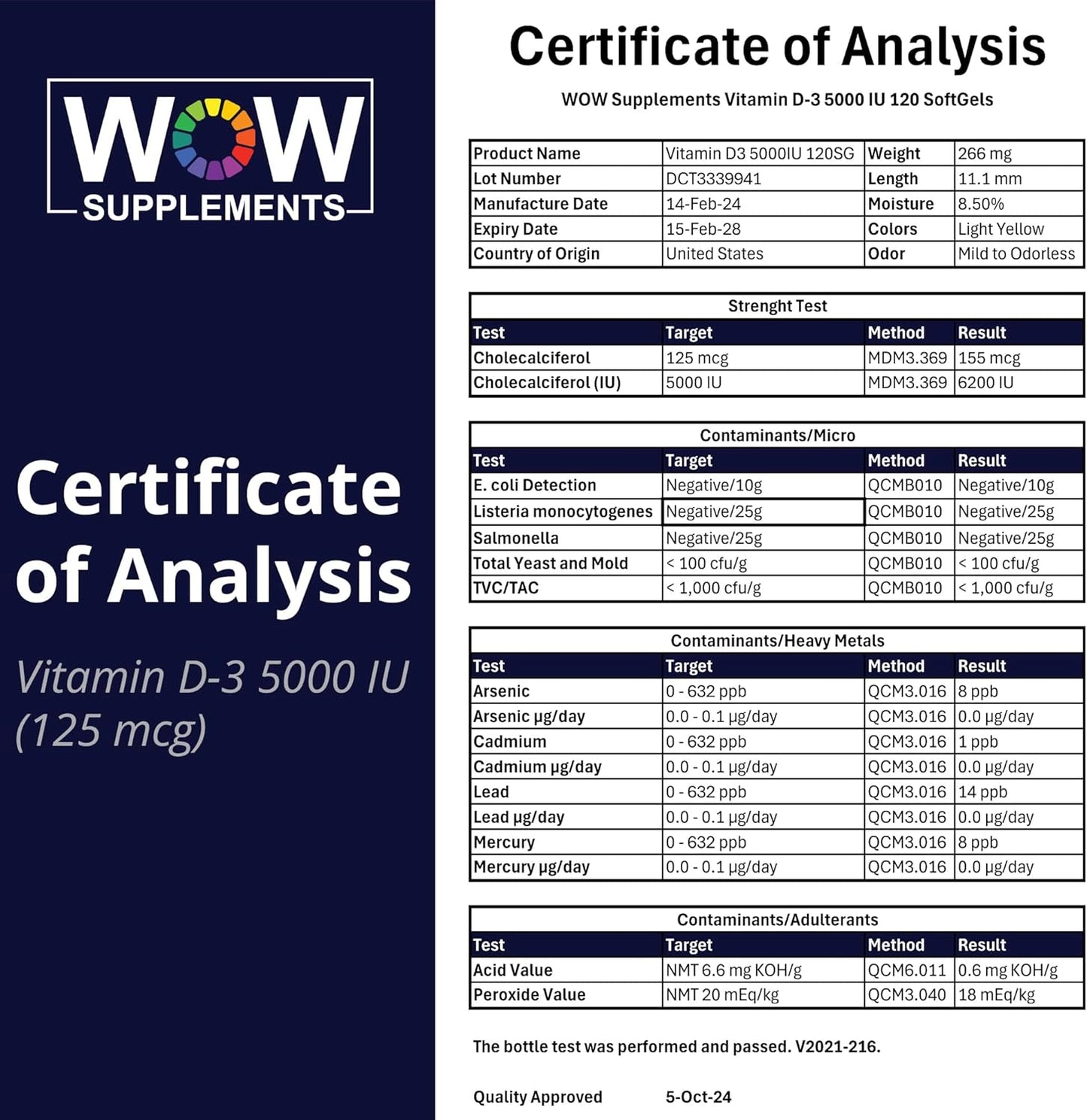 Vitamin D3 5000 IU (125mcg) Softgels – Bone & Immune Support - 120 Count | WOW Supplements