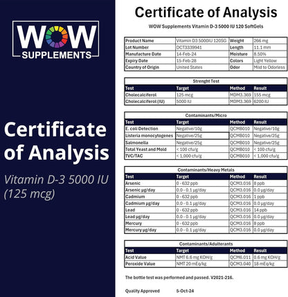 Vitamin D3 5000 IU (125mcg) Softgels – Bone & Immune Support - 120 Count | WOW Supplements