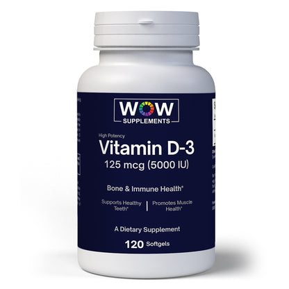Vitamin D3 5000 IU (125mcg) Softgels – Bone & Immune Support - 120 Count | WOW Supplements